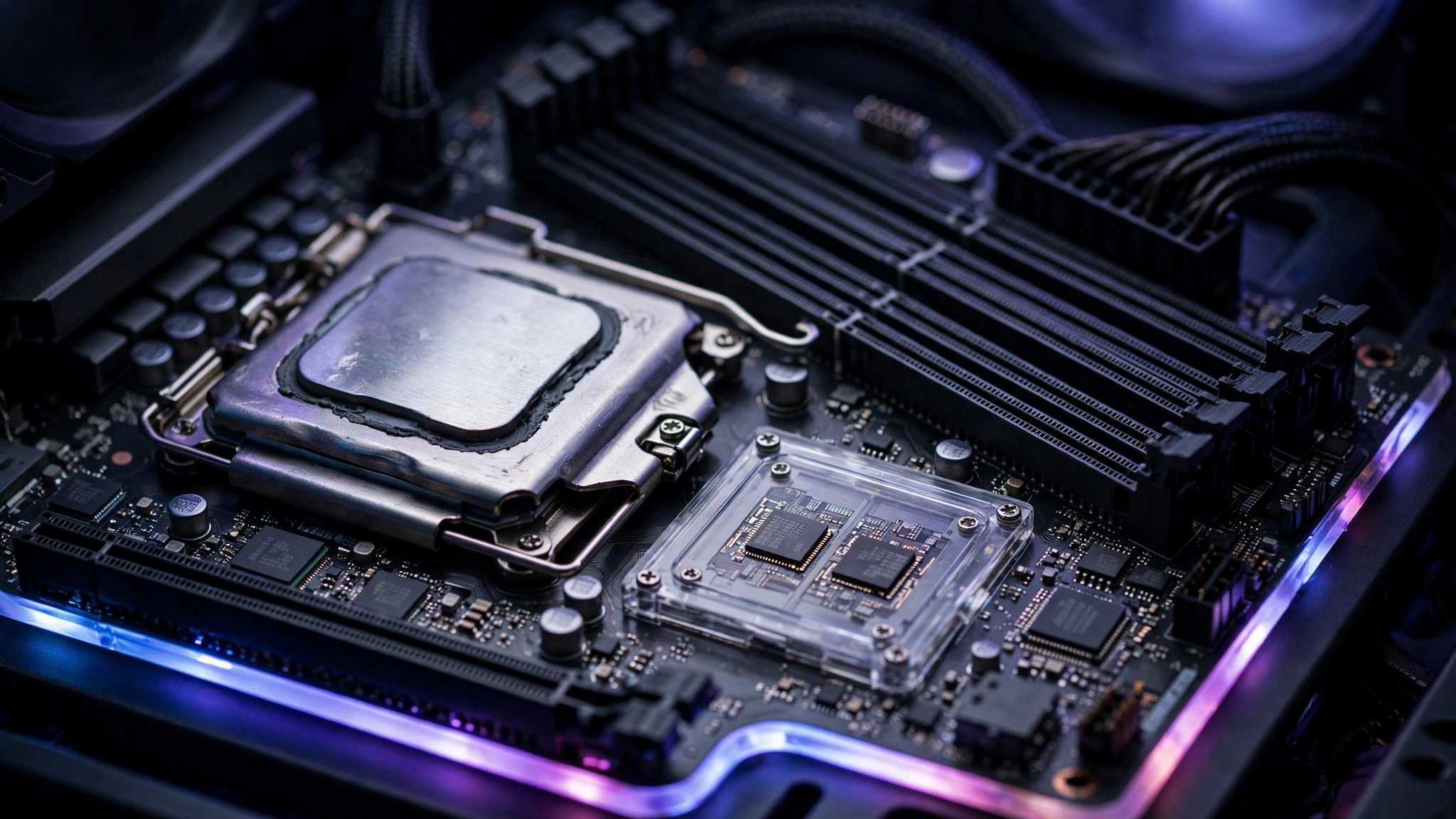 Close-up of a Ryzen CPU socket and chiplet dies on a gaming motherboard