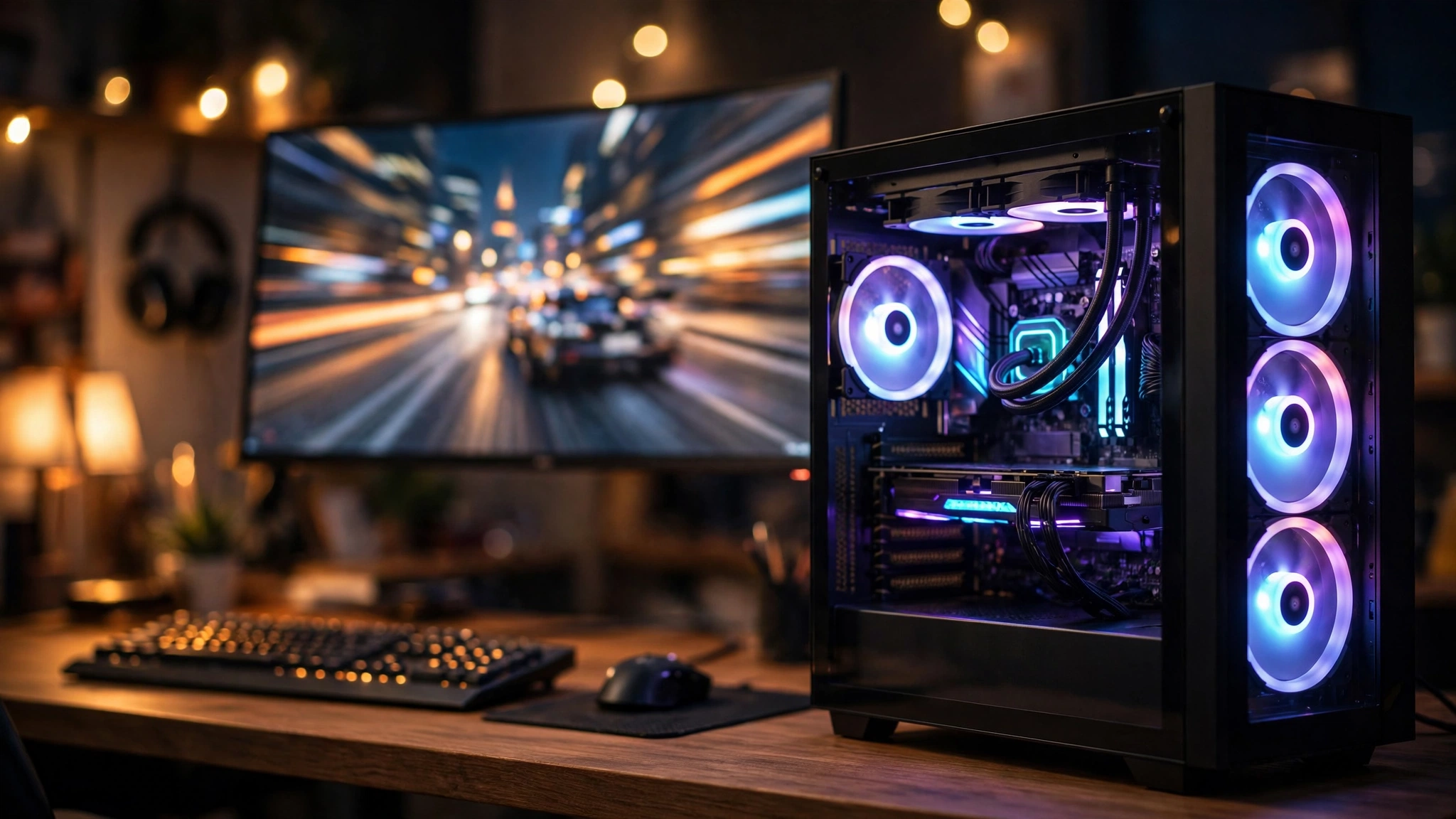 High-end gaming PC with liquid cooling and monitor running a fast racing game
