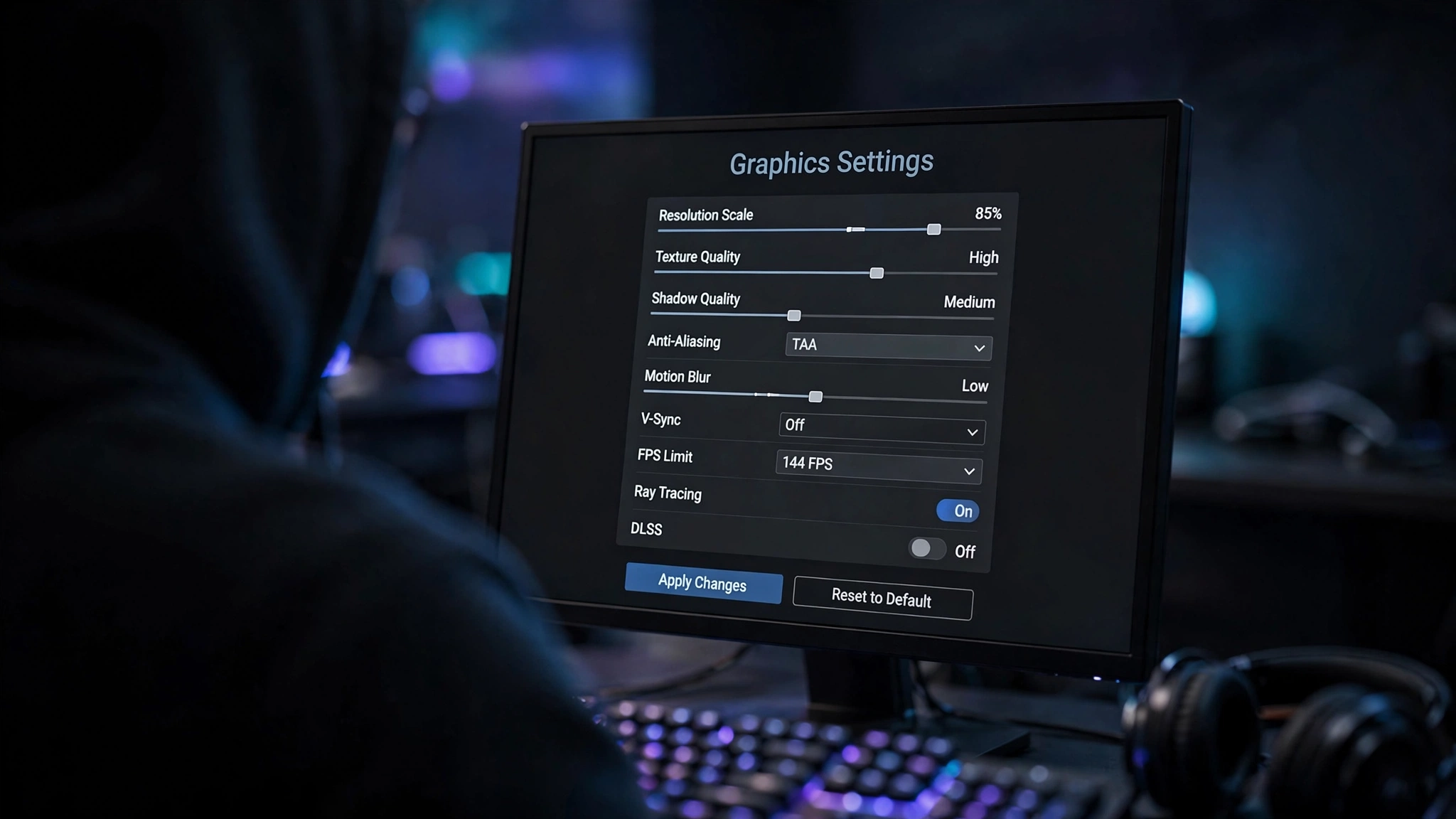Close-up of Starfield graphics settings menu on a gaming monitor