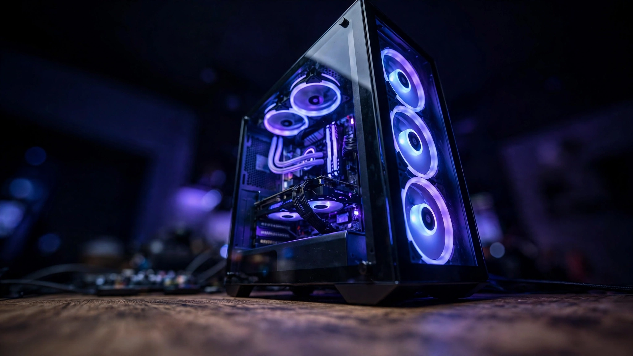 Gaming PC tower with glowing RGB fans on a desk in a dark room
