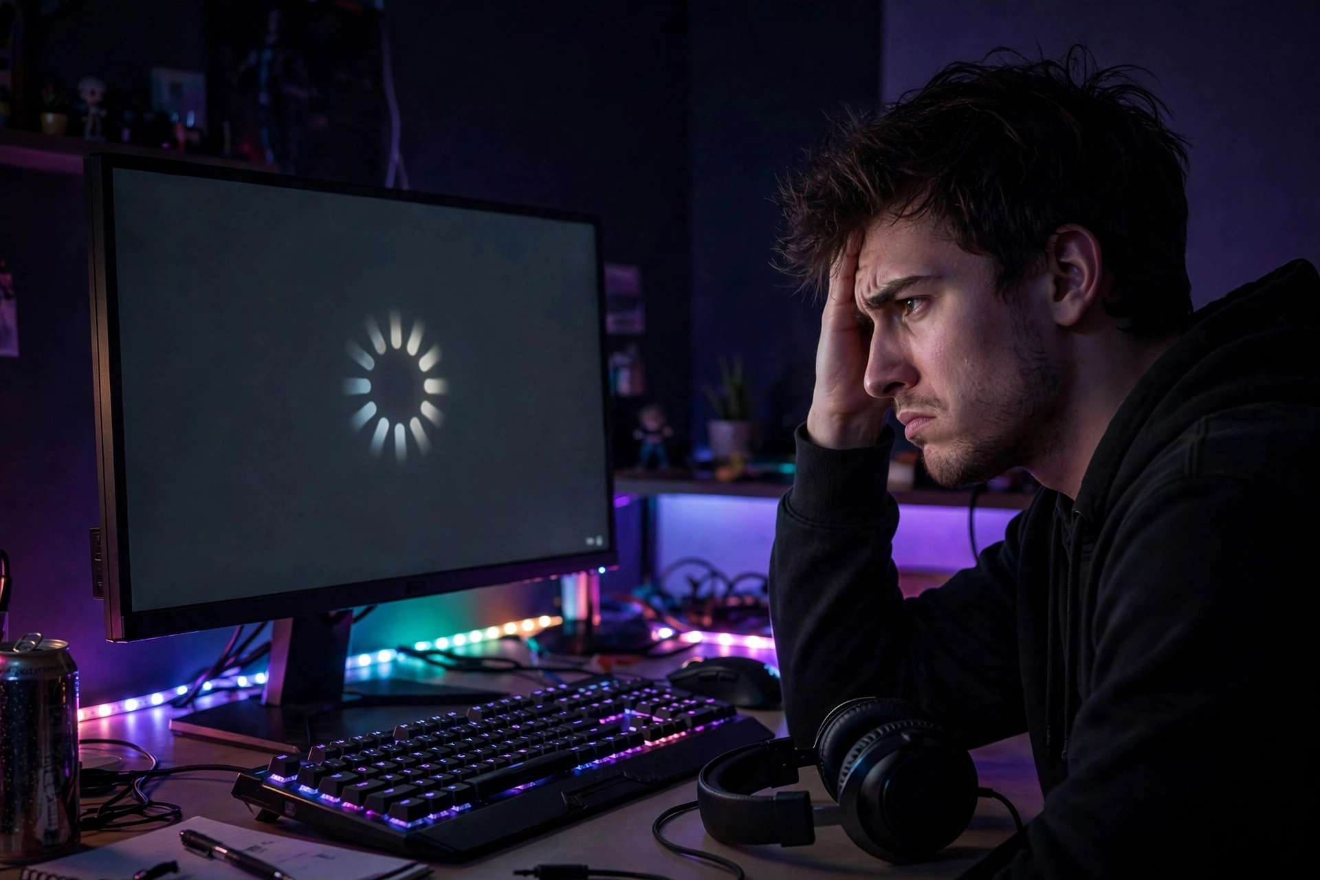 Frustrated gamer staring at a monitor stuck on a game loading screen spinner, a classic sign of a storage bottleneck