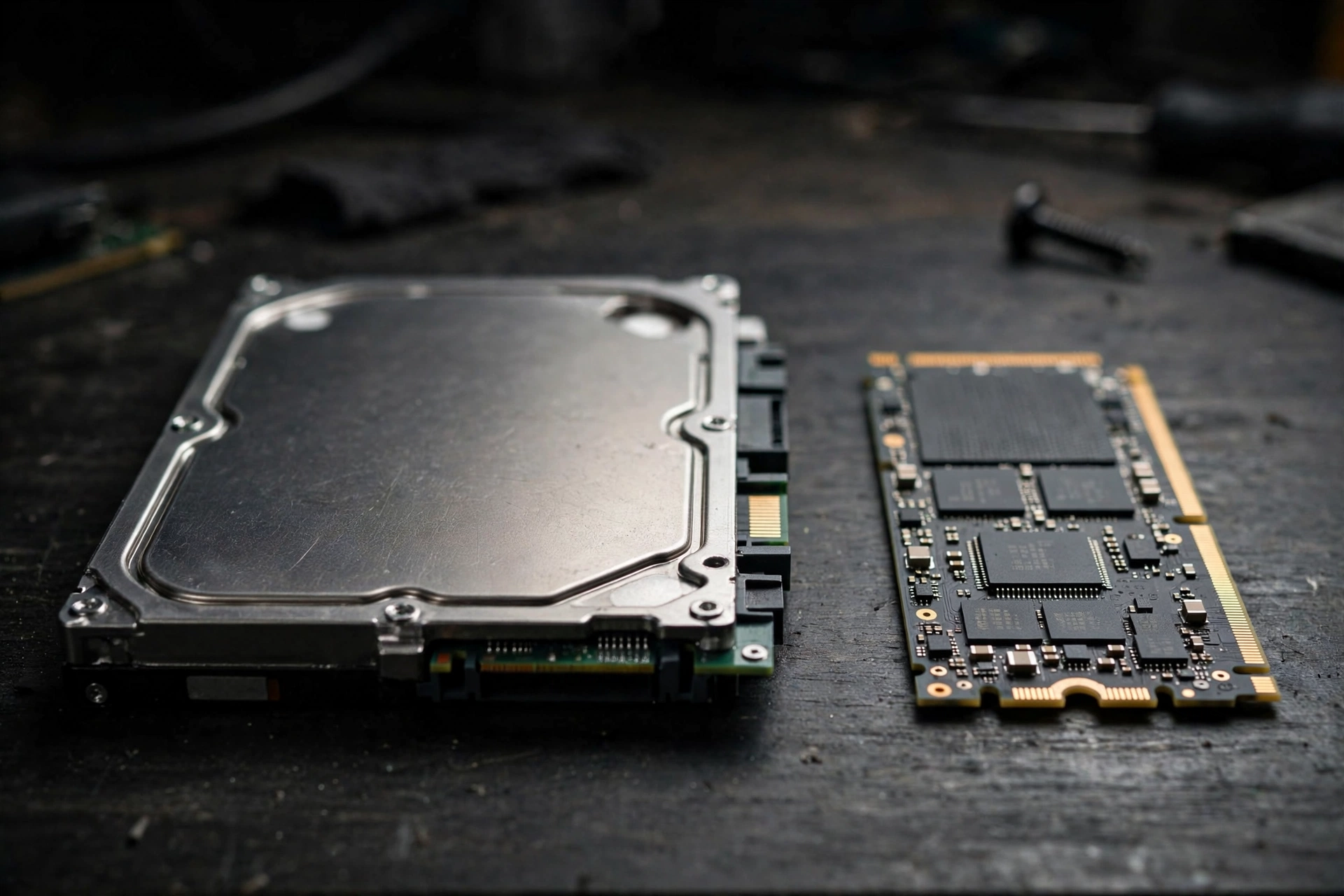 Old 3.5-inch hard drive beside a modern M.2 NVMe SSD on a workbench, showing the upgrade that fixes a storage bottleneck