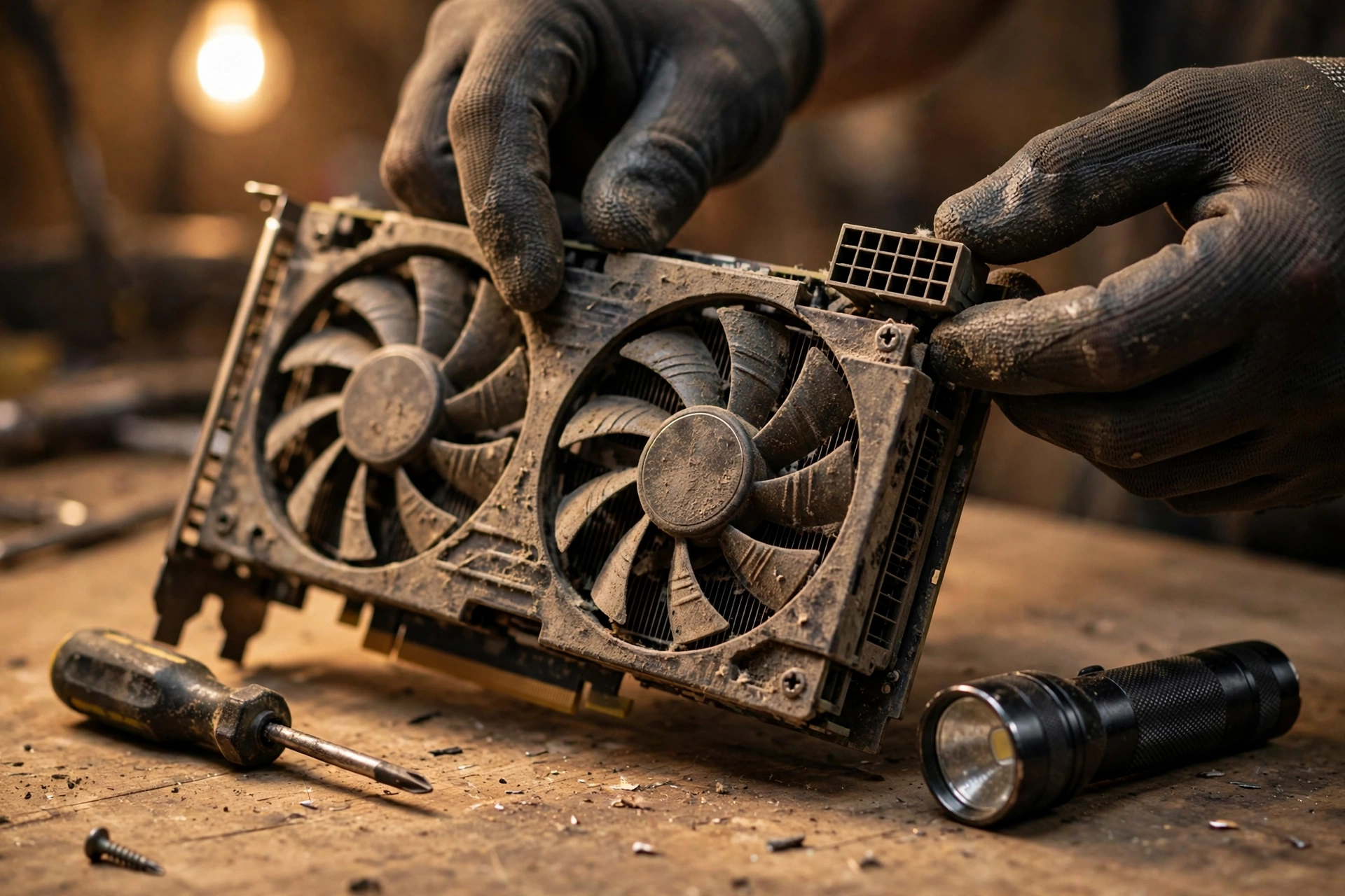 Close inspection of a used graphics card fans and power connector before purchase