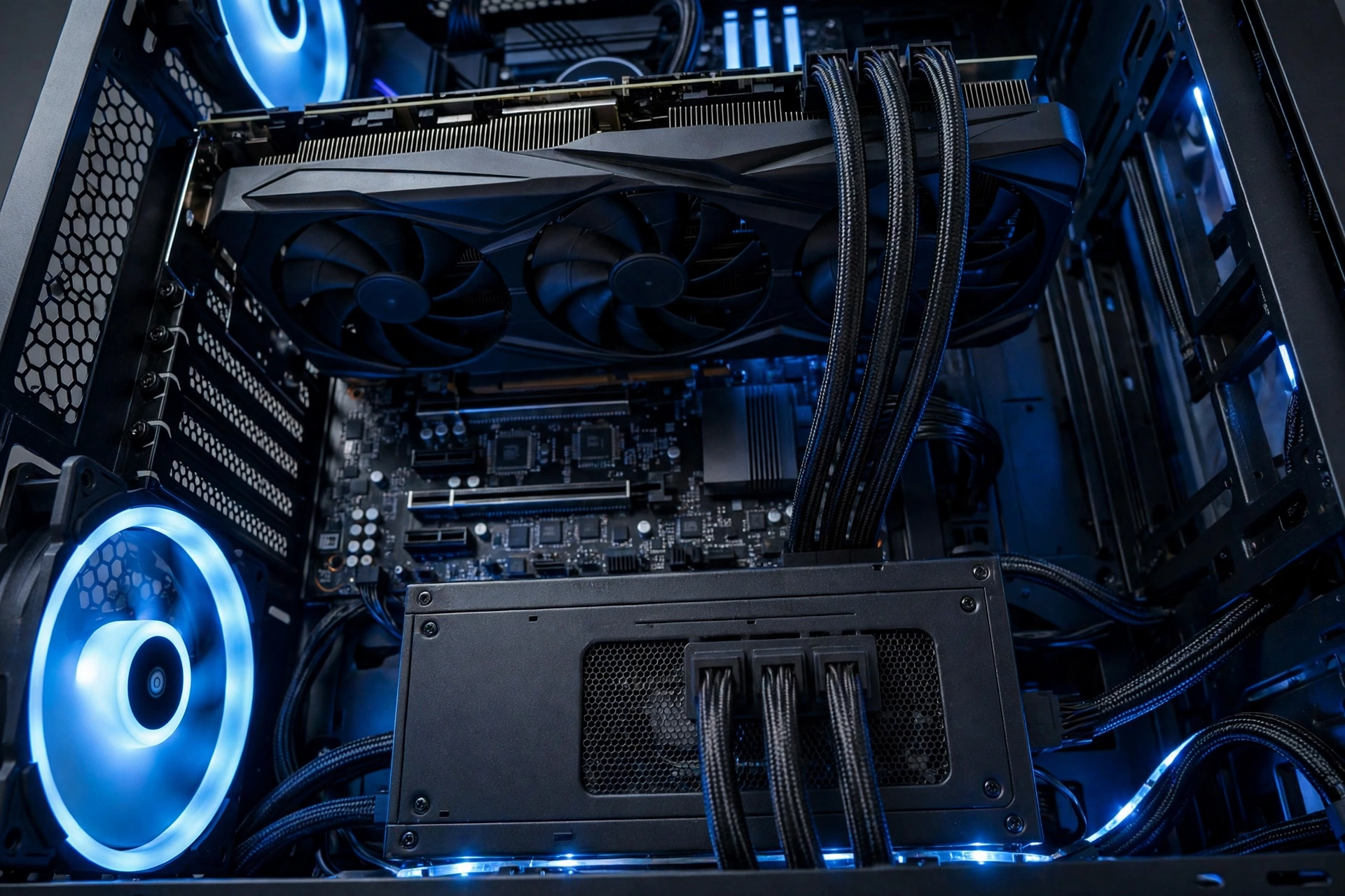 Used graphics card installed in a gaming PC with power supply cables connected