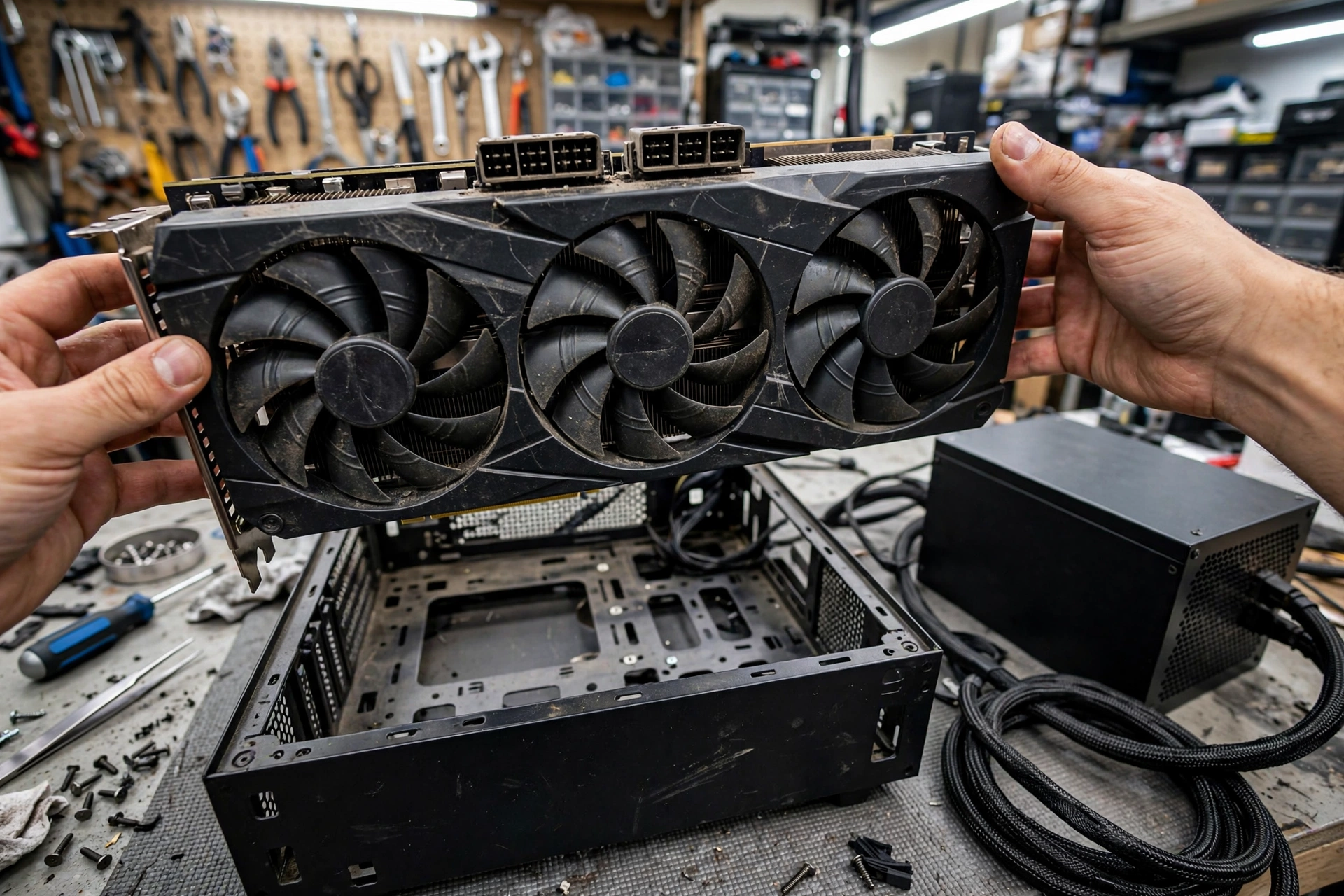 Inspecting a used RTX 3080 graphics card and PSU power cables before buying