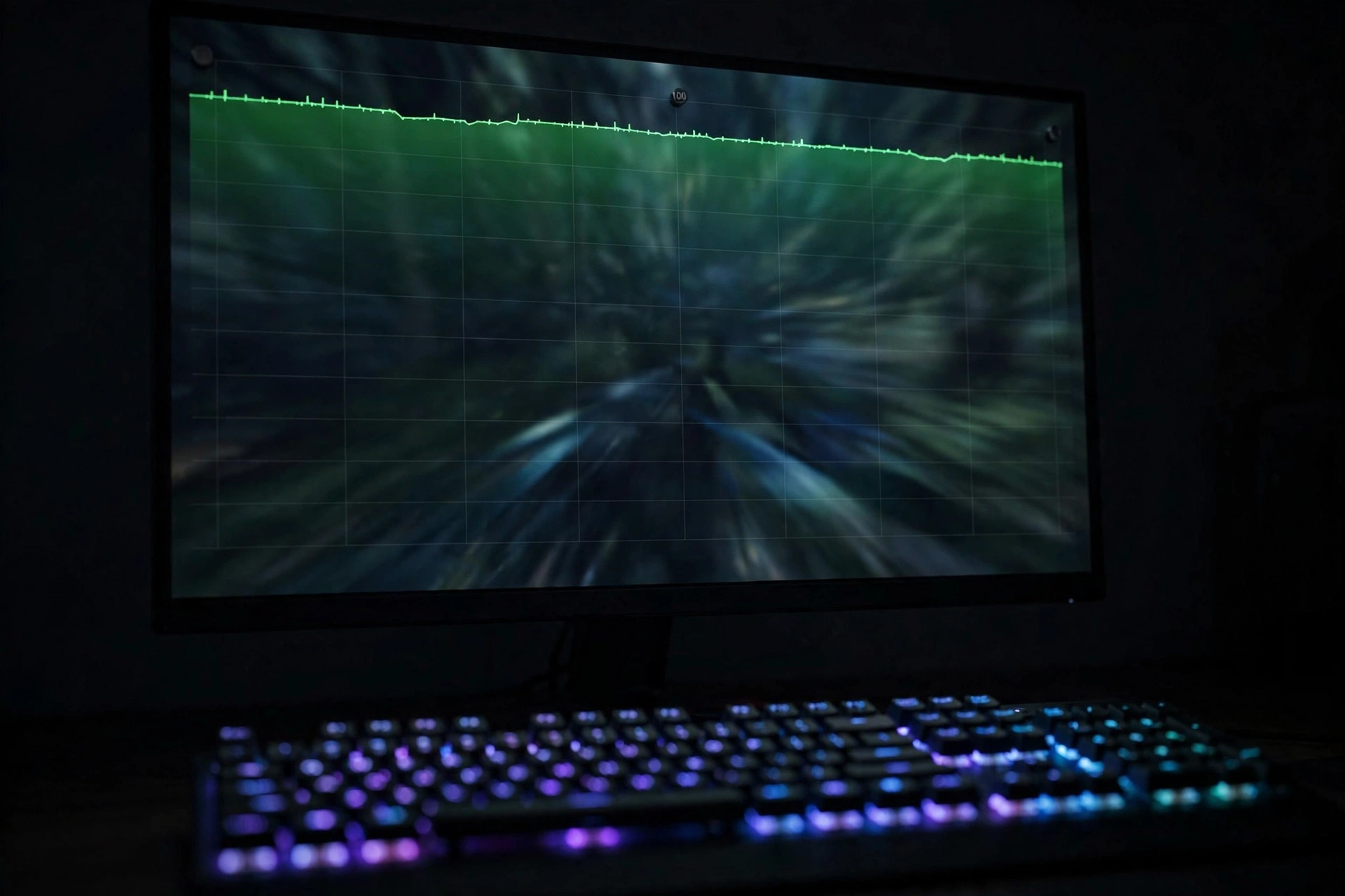 Monitor showing a GPU usage graph pinned near 100 percent during gameplay, the classic sign of a GPU bottleneck
