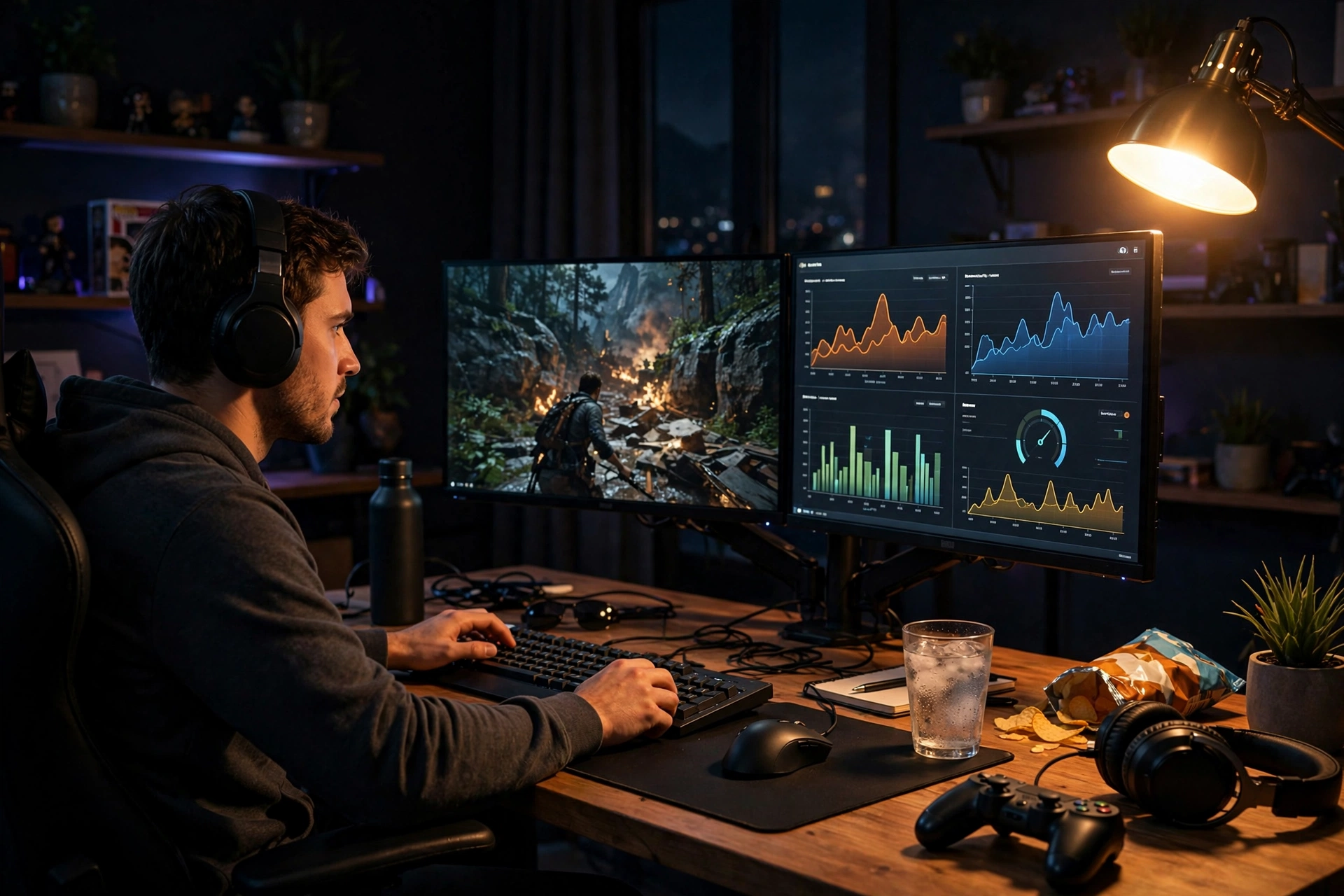 Gamer with dual monitors running a game on one screen and performance monitoring graphs on the other to check for a GPU bottleneck