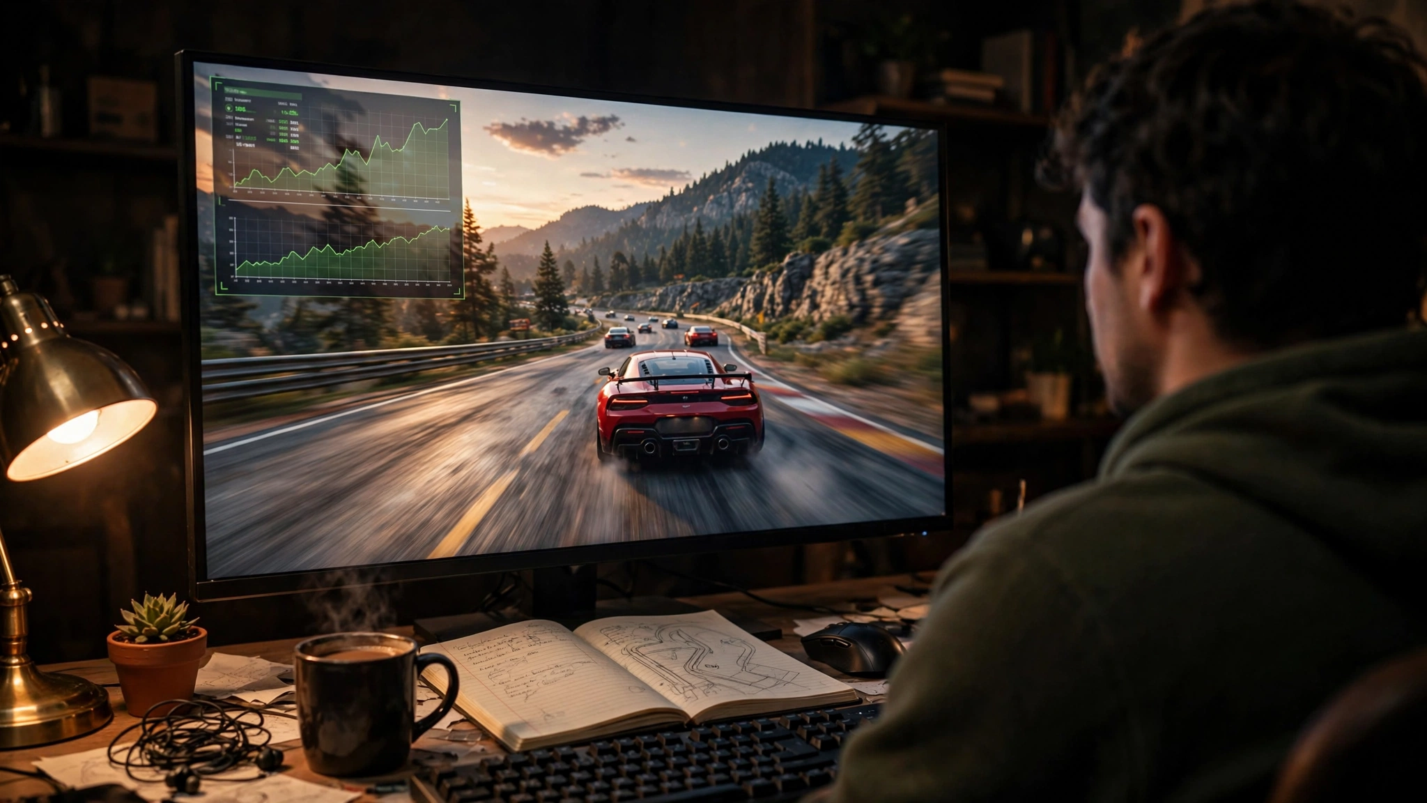 Gamer monitoring a frame time graph and 1% low FPS overlay while playing a game