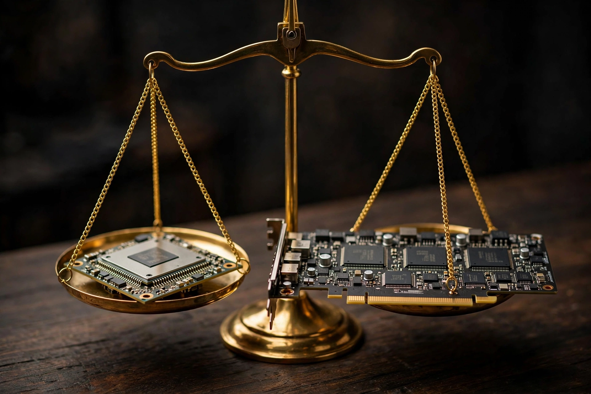 CPU chip and graphics card balanced level on a golden scale, concept of a balanced PC build