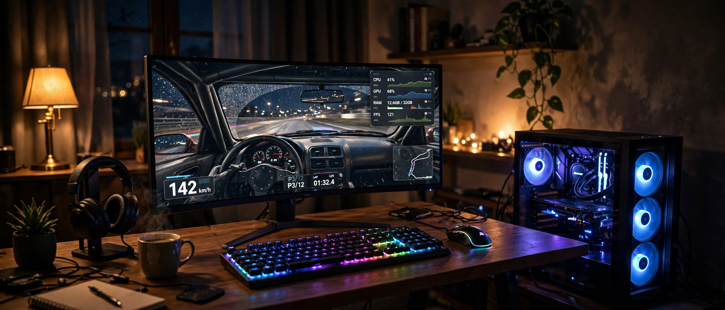 Gaming PC battlestation at night with hardware monitoring overlay showing CPU and GPU usage